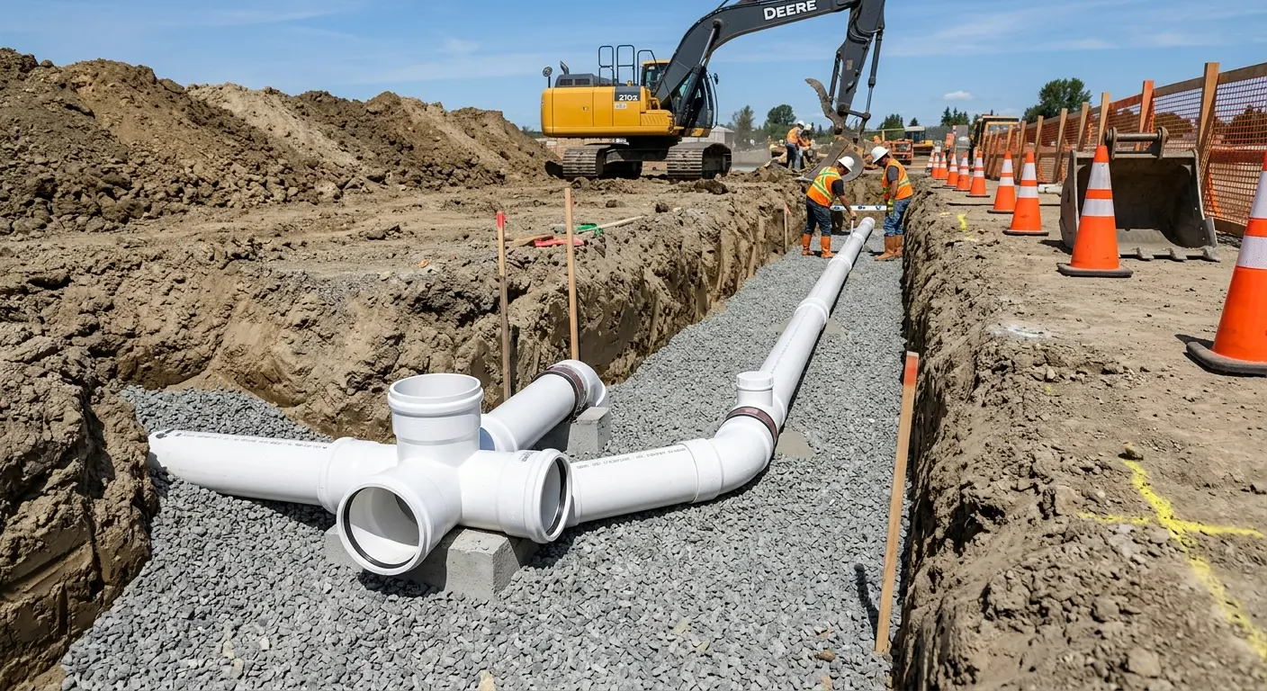 New PVC sewer pipe installation in open trench for Sewer Backup in Citrus Springs