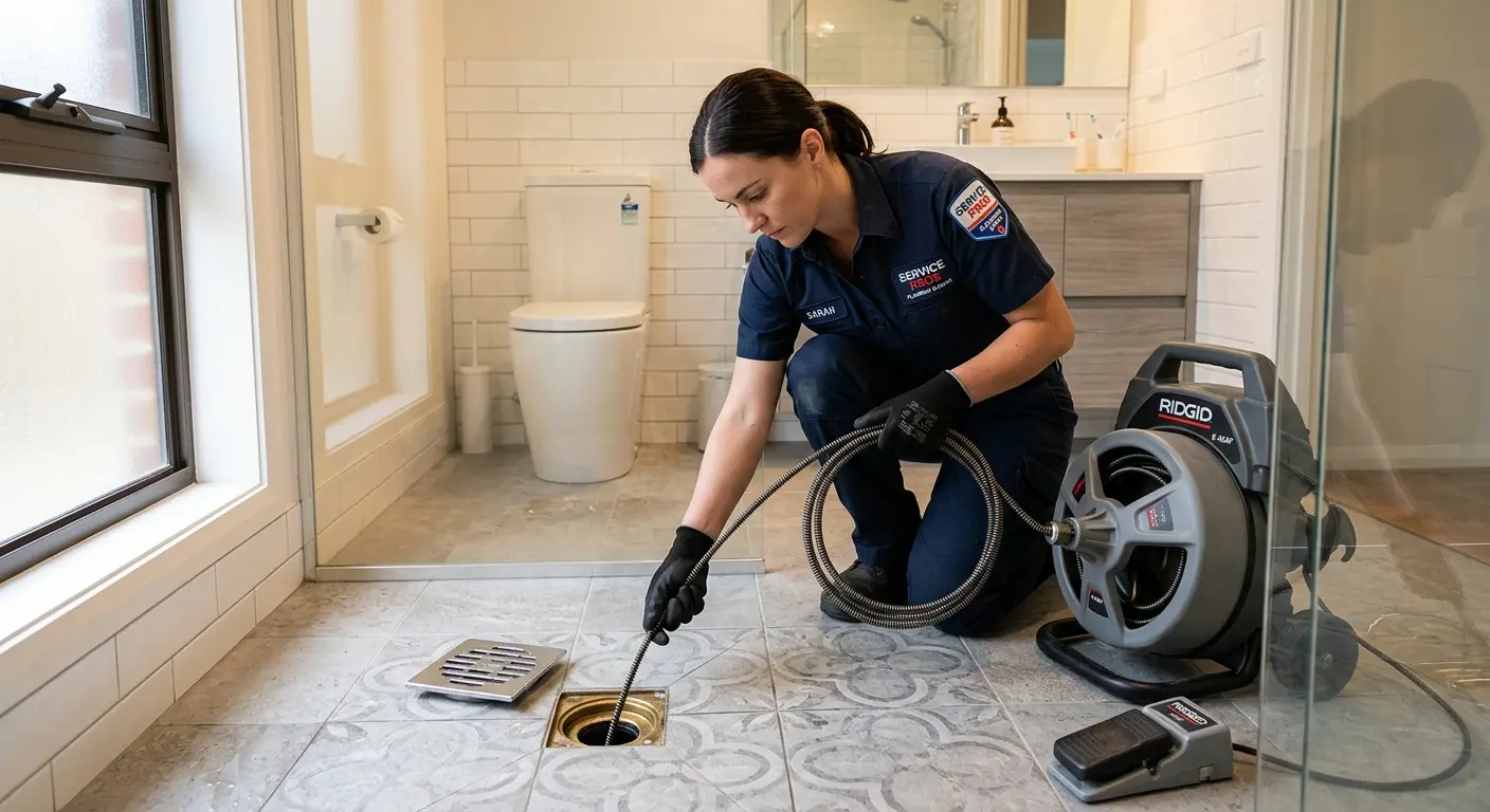 Technician clearing a bathroom floor drain for Clogged Drain Repair in Citrus Springs